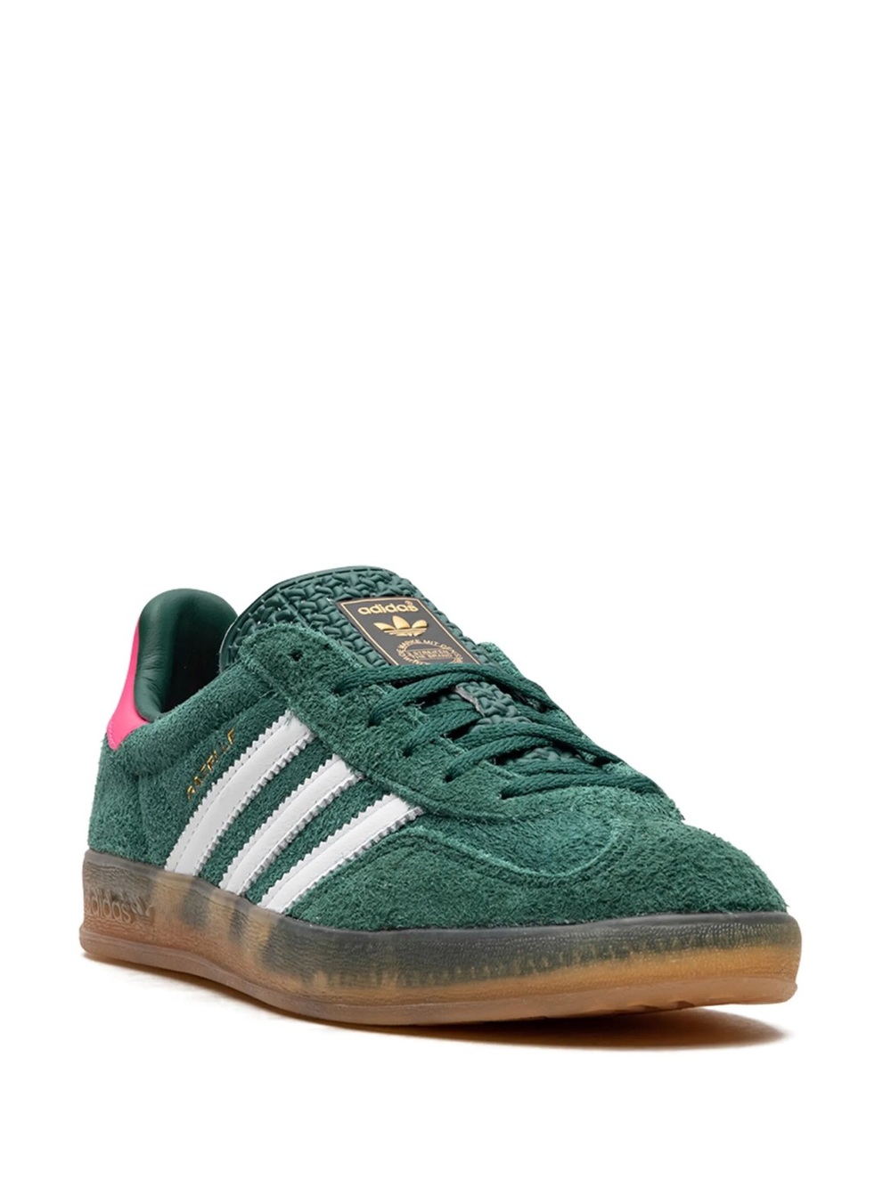 adidas Green Suede Gazelle with White Stripes and Pink Heel